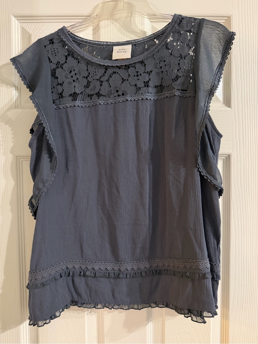 Knox Rose Lace Yoke Flutter Sleeve Top - Slate
